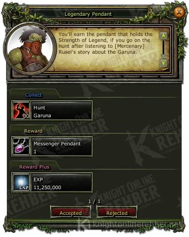 Legendary Pendant görev penceresi: istenenler ve ödüller