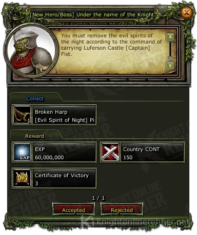 [New Hero/Boss] Under the name of the Knight görev penceresi: istenenler ve ödüller