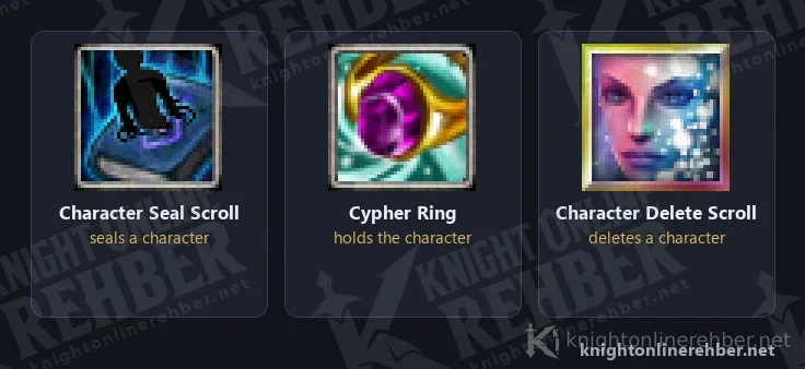 Knight Online Character Seal Scroll, Cypher Ring and Character Delete Scroll