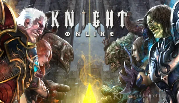 Knight Online logosu ve iki yanında savaşçı karakterler