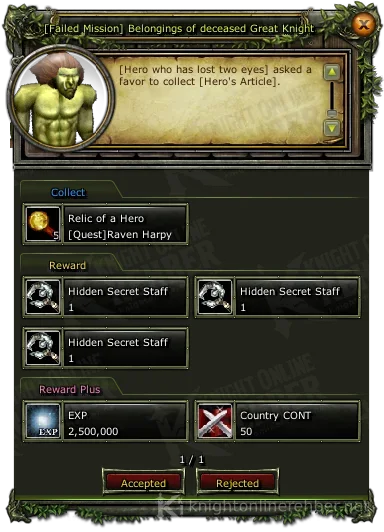 [Failed Mission] Belongings of deceased Great Knight görev penceresi: istenenler ve ödüller
