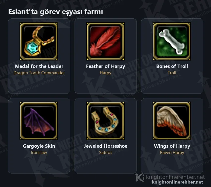 Medal for the Leader, Feather of Harpy, Bones of Troll, Gargoyle Skin, Jeweled Horseshoe ve Wings of Harpy ikonları ve düşüren moblar