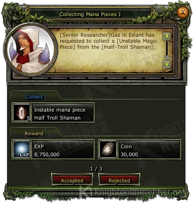 Collecting Mana Pieces I görev penceresi: istenenler ve ödüller