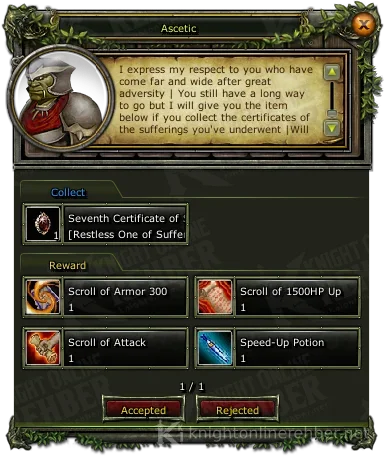 Ascetic quest window: needs and rewards