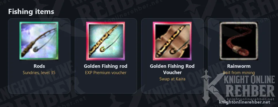 Icons of Rods, Golden Fishing rod, Golden Fishing Rod Voucher and Rainworm