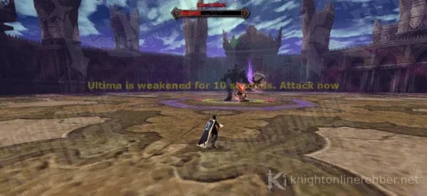 Ultima'nın 10 saniye zayıfladığını bildiren mesaj ve boss