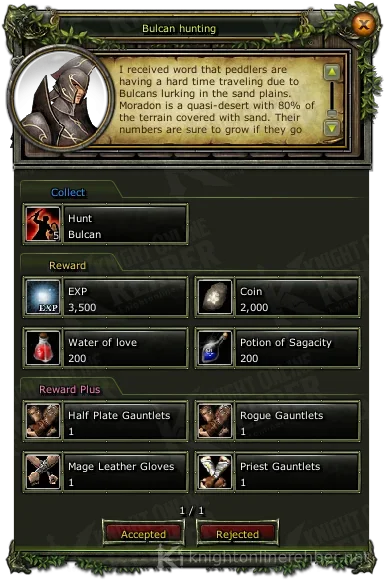 Bulcan hunting quest window: needs and rewards