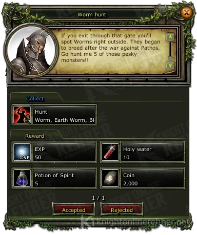 Worm hunt quest window: needs and rewards