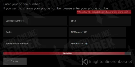 Telefon doğrulama ekranı: CallBack Number 5564, Code NTTGame 41938, gönderen numara ve geri sayan süre çubuğu