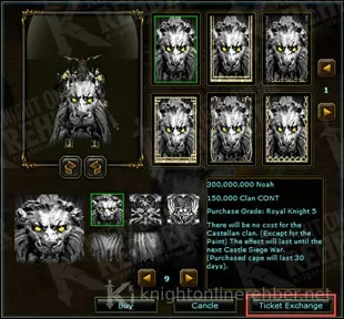 Pelerin penceresi: aslan desenli pelerin 300.000.000 Noah ve 150.000 Clan CONT, Royal Knight 5 şartı; Castellan klanı için boya hariç ücretsiz