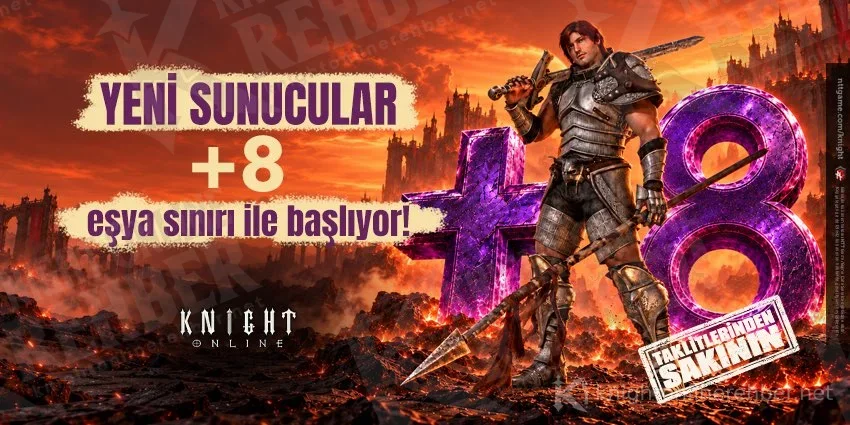 Knight Online duyuru görseli: Yeni sunucular +8 eşya sınırı ile başlıyor, arkada mor renkli dev +8 ve zırhlı bir savaşçı