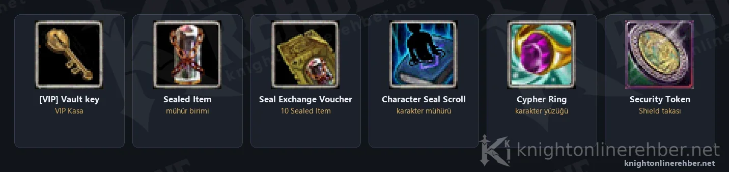 VIP Vault key, Sealed Item, Seal Exchange Voucher, Character Seal Scroll, Cypher Ring ve Security Token ikonları
