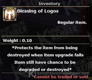 Blessing of Logos eşya açıklaması: başarısız yükseltmede eşyayı yok olmaktan korur, takas edilemez