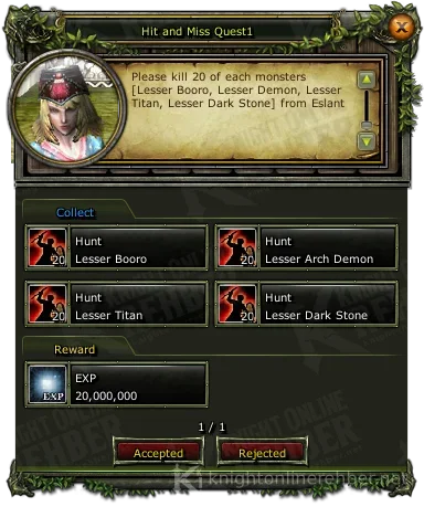 Hit and Miss Quest1 görev penceresi: istenenler ve ödüller