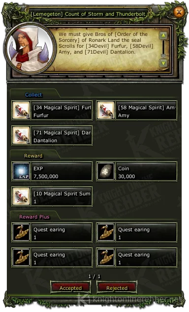 [Lemegeton] Count of Storm and Thunderbolt quest window: needs and rewards