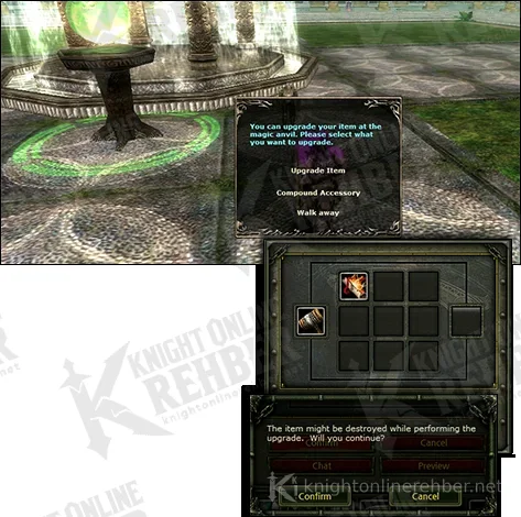 Magic Anvil menu in Moradon, the upgrade window and the item destruction warning