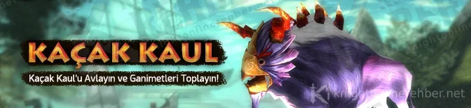 Mor tüylü, kırmızı dikenli Kaul yaratığı ve Kaçak Kaul'u Avlayın ve Ganimetleri Toplayın yazısı