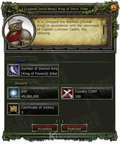 [Legless Devil/Boss] King of Devil Tribe görev penceresi: istenenler ve ödüller