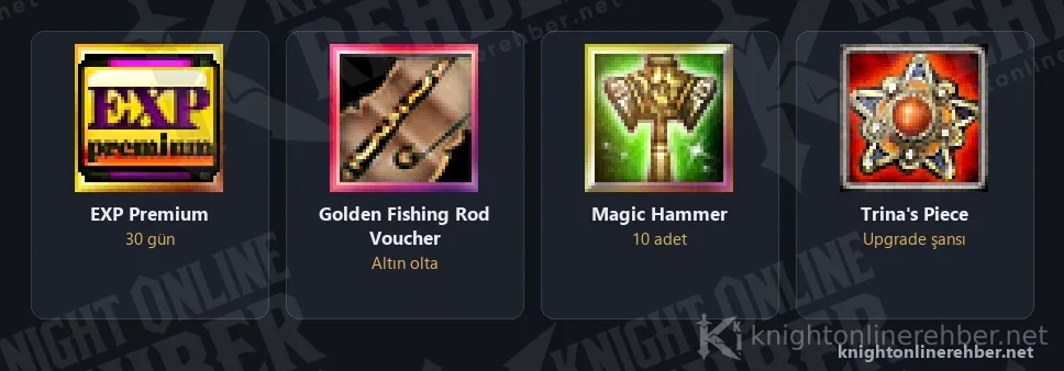 EXP Premium ve paketle gelen hediyeler: Golden Fishing Rod, Magic Hammer ve Trina's Piece