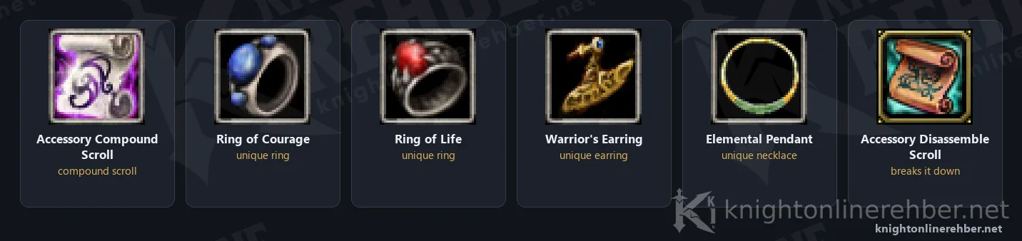 Icons of Accessory Compound Scroll, Ring of Courage, Ring of Life, Warrior's Earring, Elemental Pendant and Accessory Disassemble Scroll