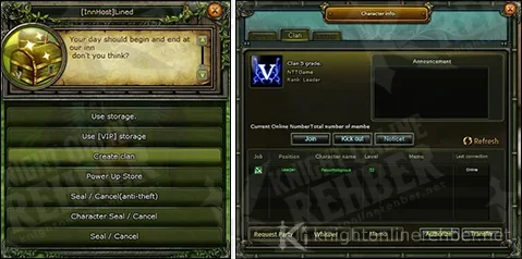 The Create clan option in the Inn Hostess menu and the clan info window