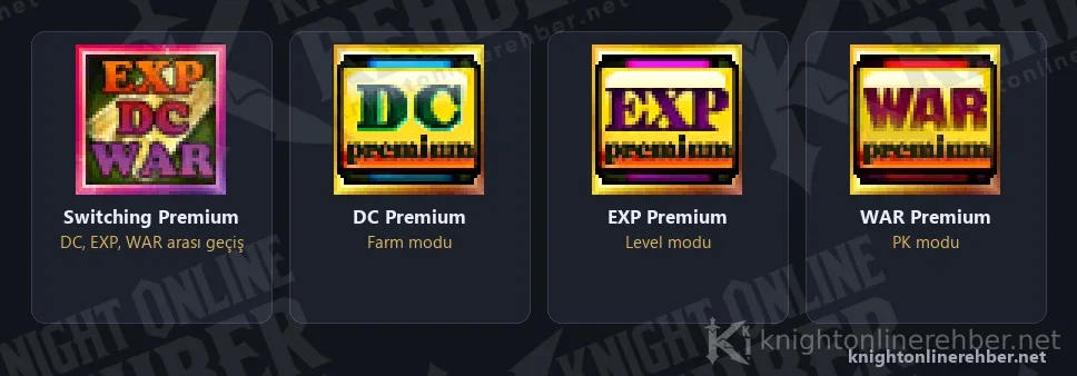 Switching Premium ve arasında geçiş yapılan DC, EXP ve WAR Premium ikonları