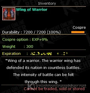 Wing of Warrior item info: Cospre option EXP+9%, Weight 300, cannot be traded, sold or stored