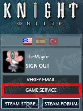 NTTGame site profile box: VERIFY EMAIL and the GAME SERVICE button marked with a red frame