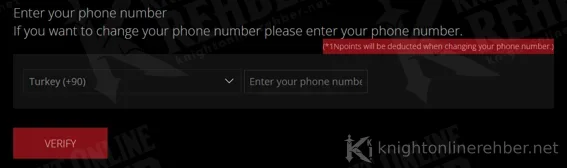 Telefon doğrulama formu: ülke seçimi (Turkey +90), telefon numarası alanı ve VERIFY düğmesi