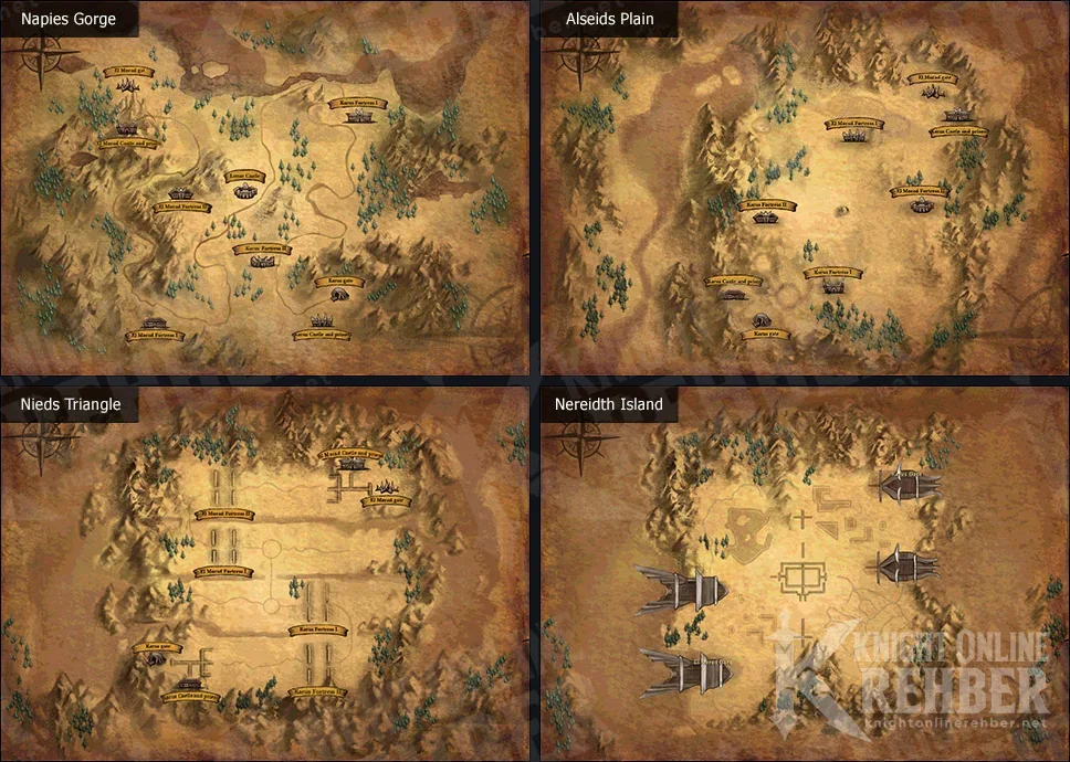 Lunar War haritaları: Napies Gorge, Alseids Plain, Nieds Triangle ve gemilerin karşılıklı durduğu Nereidth Island