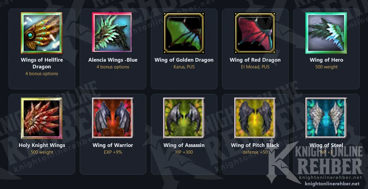 In-game icons of the Hellfire, Alencia, Dragon, Hero, Holy Knight, Warrior, Assassin, Pitch Black and Steel wings