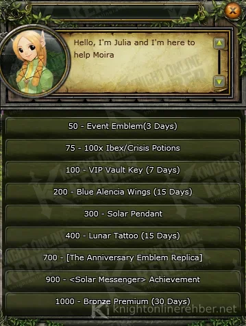 Trader Julia penceresi: 50'den 1000 Soul Gem'e kadar dokuz ödüllük takas listesi