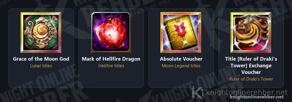 Knight Online items that give titles: Grace of the Moon God, Mark of Hellfire Dragon, Absolute Voucher