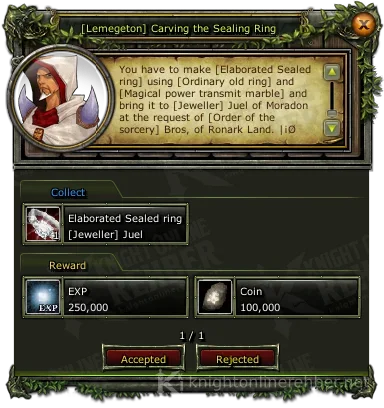 [Lemegeton] Carving the Sealing Ring quest window: needs and rewards