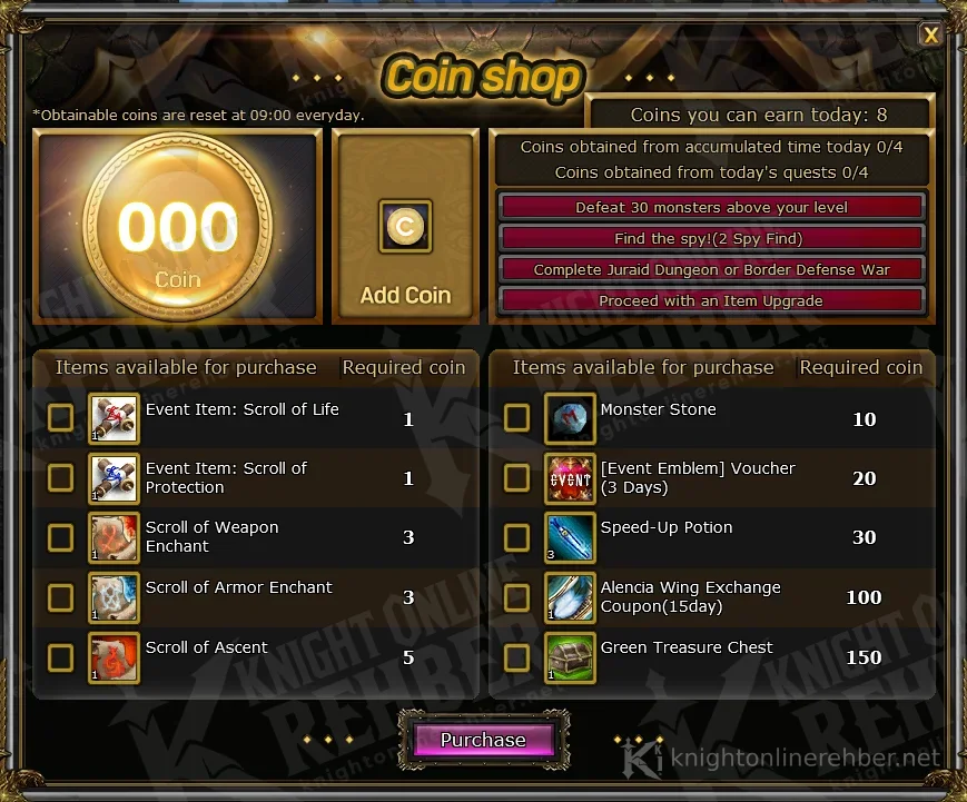 Coin shop window with the daily 8-Coin counter, the four tasks, the Add Coin button and the 10-item reward list