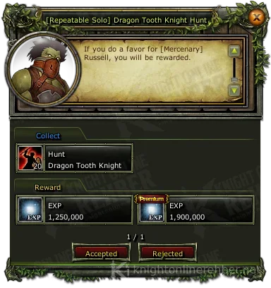 [Repeatable Solo] Dragon Tooth Knight Hunt görev penceresi: istenenler ve ödüller