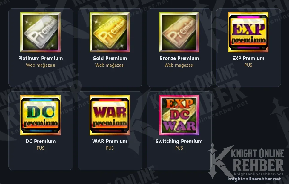 Knight Online'ın 7 premium paketinin oyun içi ikonları: web mağazasında Platinum, Gold ve Bronze, PUS'ta EXP, DC, WAR ve Switching