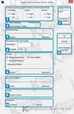 Knight Online Game Option Setup penceresi: grafik kalitesi, gölge, görüş mesafesi, çözünürlük, ses, efekt sayısı, imleç ve dil bölümleri
