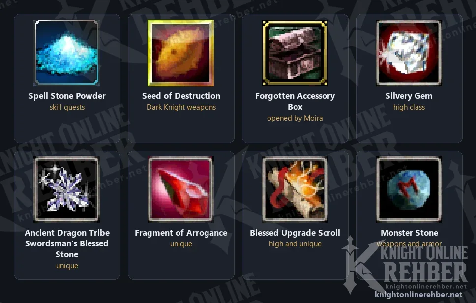 Game icons of items you can get from dismantling at Narki: Spell Stone Powder, Seed of Destruction, Forgotten Accessory Box, Silvery Gem, Blessed Stone, Fragment of Arrogance, Blessed Upgrade Scroll and Monster Stone