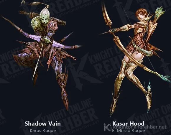 Karus Rogue (Shadow Vain) and El Morad Rogue (Kasar Hood) artwork, both holding bows