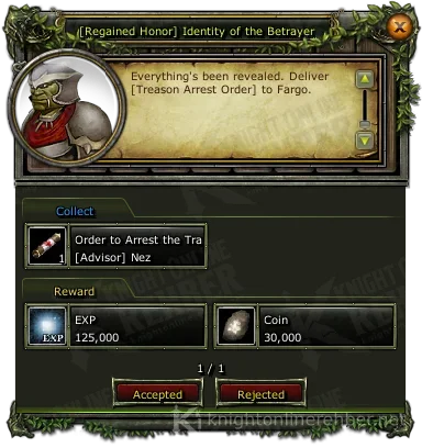 [Regained Honor] Identity of the Betrayer quest window: needs and rewards