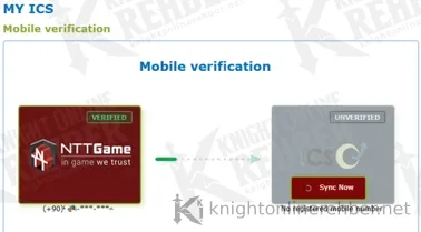 MY ICS mobil doğrulama ekranı: solda doğrulanmış NTTGame telefon numarası, sağda doğrulanmamış ICS kutusu ve Sync Now düğmesi