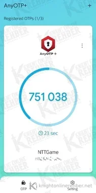 OTP+ uygulamasının ana ekranı: NTTGame hesabı için 751 038 tek kullanımlık kodu ve yenilenme sayacı