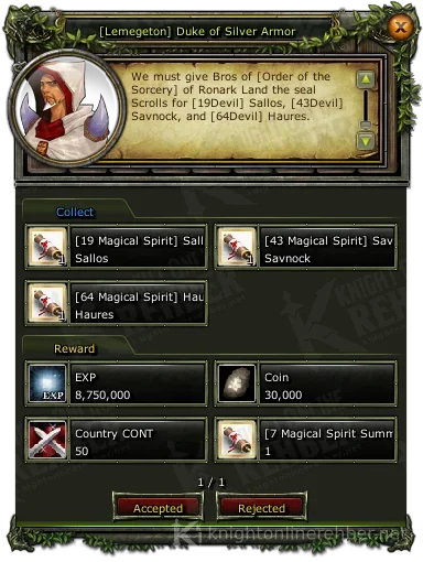 [Lemegeton] Duke of Silver Armor quest window: needs and rewards
