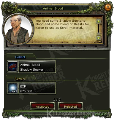 Animal Blood quest window: needs and rewards