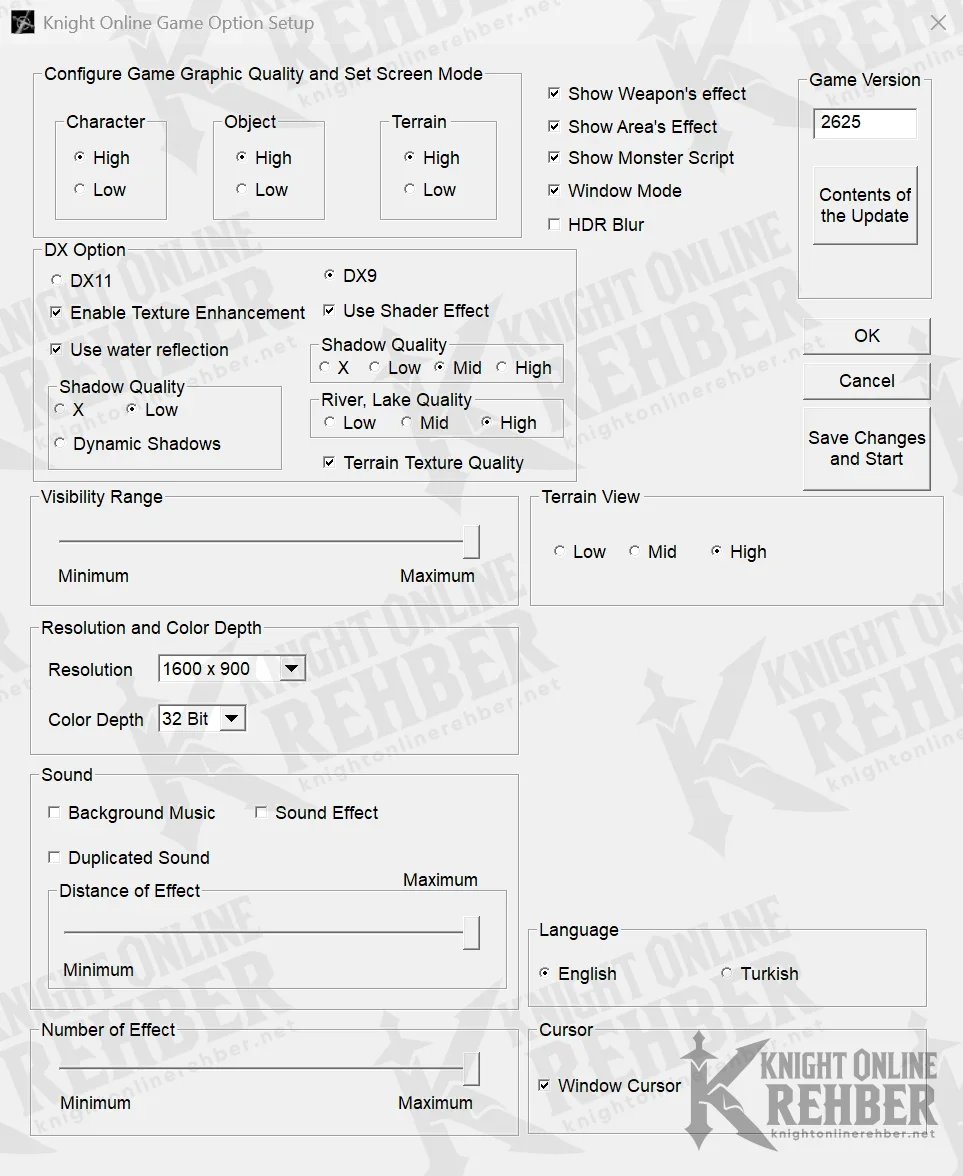Knight Online Game Option Setup window: DX11 and DX9 choice under DX Option with shadow, water and texture settings; Visibility Range, Terrain View and resolution below