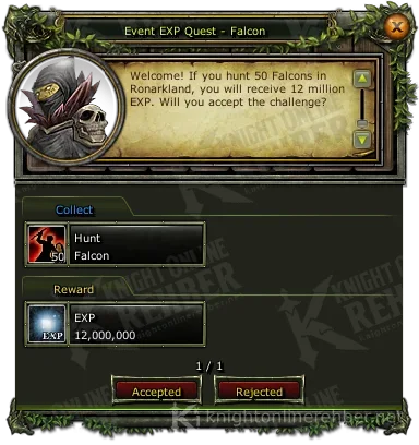 Event EXP Quest - Falcon görev penceresi: istenenler ve ödüller