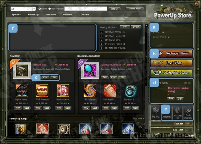 Power Up Store penceresi: kategoriler, NPoint bakiyesi, önerilen eşyalar ve satın alma düğmeleri