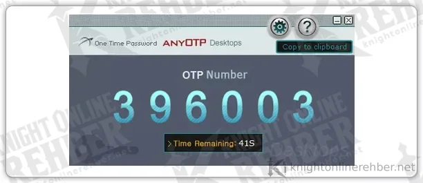 AnyOTP masaüstü programında altı haneli tek kullanımlık şifre ve kalan süre