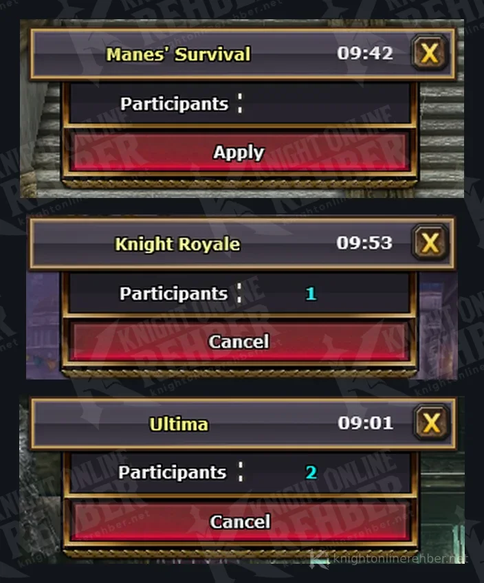 Manes' Survival, Knight Royale ve Ultima kayıt pencereleri: geri sayım, katılımcı sayısı, Apply ve Cancel düğmeleri